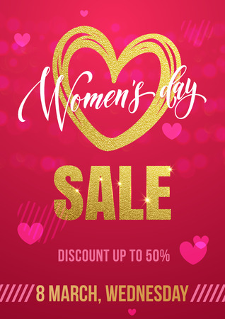 Women Day sale poster of gold glitter heart pattern on luxury red background for 8 March Woman holiday discountのイラスト素材