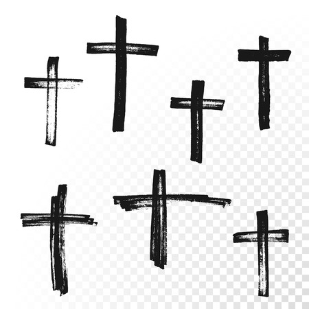 Crucifix cross hand drawn paint brush vector icon. Christianity orthodox or catholic religion isolated symbols set for Easter, funeral or grave memorialのイラスト素材