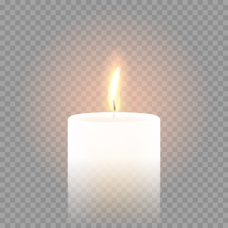 Candle flame burning on vector transparent background. 3D realistic isolated white scented paraffin wax candle lightのイラスト素材