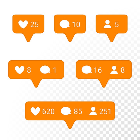 Notifications icons templates. Social network app symbols of heart like, new message bubble, friend request quantity number. Smartphone application messenger interface web notice elements setのイラスト素材
