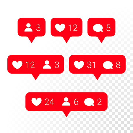 Notifications icons templates. Social network app symbols of heart like, new message bubble, friend request quantity number. Smartphone application messenger interface web notice elements setのイラスト素材