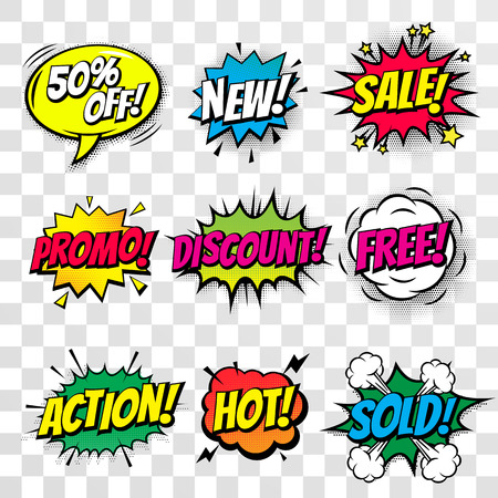 Sale promo discount shopping comic text speech bubble isolated percent off offer icon templates set. Sound effect cloud of color phrase lettering elements on transparent backgroundのイラスト素材