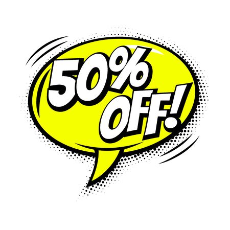 Sale 50 percent off comic text speech bubble isolated shopping icon template. Sale promo discount sound effect cloud of color phrase lettering element on white backgroundのイラスト素材