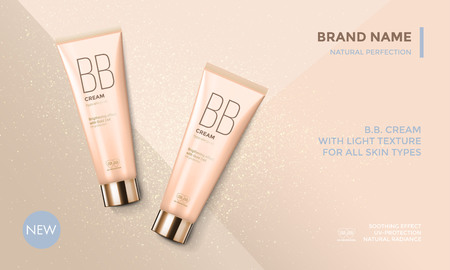Cosmetic package advertising vector template for BB face cream or skin care moisturizer tube on premium radiant gold glitter background for product designのイラスト素材