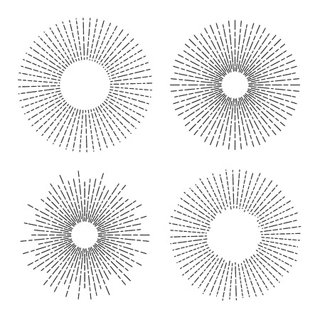 Sun and rays vector icons set of thin line dashes. Symbols of sunshine and light beams on white background for graphic design element or vintage tattooのイラスト素材