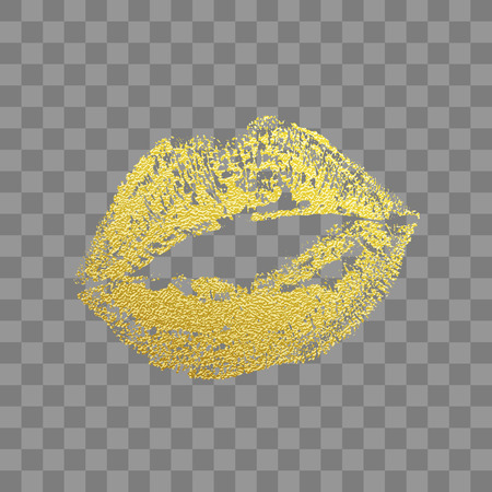 Gold kiss lips imprint of golden glitter lipstick print. Vector isolated element on transparent background for fashion cosmetics, weddings or valentine day designの素材 [FY31074077980]