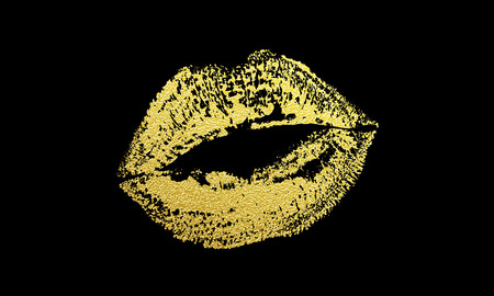 Gold kiss lips imprint of golden glitter lipstick print. Vector isolated element on black background for fashion cosmetics, weddings or valentine day designのイラスト素材