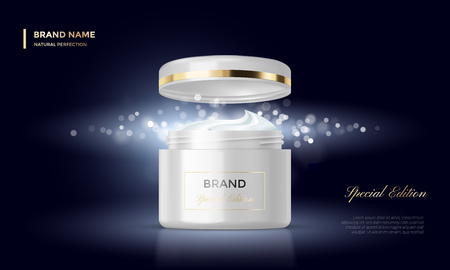 Cosmetic package or woman face cream premium product advertising vector template design. Skincare moisturizer black luxury tube and jar on golden sparkling background with light blur effectのイラスト素材