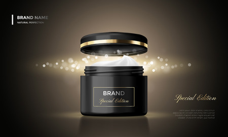 Cosmetic package advertising template of vector black premium cream jar with gold cap and glitter effect. Luxury skincare product background for woman face cream designのイラスト素材