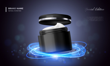 Cosmetic package advertising template of vector black premium cream jar with cap and blue glitter effect. Luxury skincare product background for woman face cream designのイラスト素材