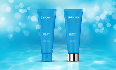 Cosmetic package advertising vector template for woman skin care face cream or moisturizer lotion tube on premium blue water bokeh blur background for product designのイラスト素材