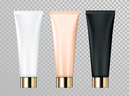 Cream or lotion tube vector isolated template for skin care product. Premium face moisturizer packages set with golden cap or lid on transparent backgroundのイラスト素材