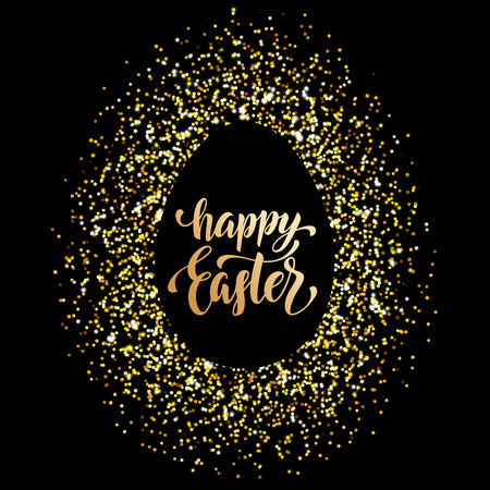 Happy Easter gold glitter egg of vector sparkling confetti on premium black background with easter text for paschal greeting cardのイラスト素材