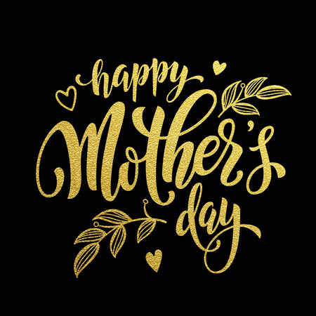 Happy Mother Day gold glitter text for vector premium greeting card on luxury black background with hearts and flowers ornamentのイラスト素材