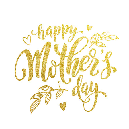 Mother Day gold glitter text with hearts and flowers ornament.のイラスト素材