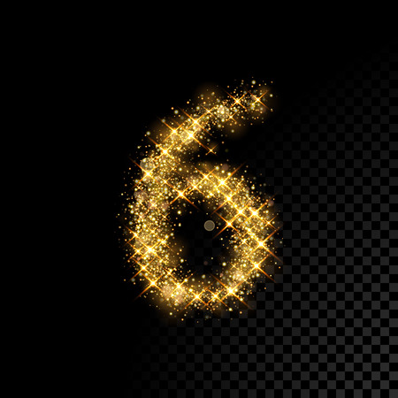 Gold glittering number Six 6. Vector shining golden font figure lettering of sparkles on black backgroundのイラスト素材