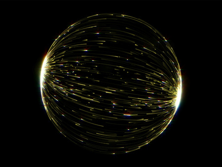 Abstract gold globe sphere of luminous line lights with glare effect on black background. Magic futuristic golden circle light in motion backgroundの写真素材