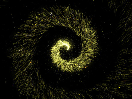 Gold glittering spiral trail of sparkling dust particles on black background. Twisted magic comet tail. Golden twirl spinning flying particles.の写真素材