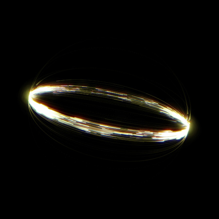 Abstract light circle of round line in motion. Gold neon magic effect on black background. Luminous rich design for cosmetic or premium productの写真素材
