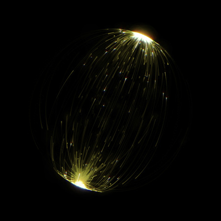 Abstract gold light effect with golden light line rays outburst from polar points of transparent globe. Glittering illustrationの写真素材