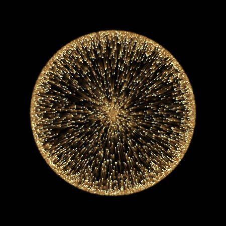 Gold sphere light frame of abstract neon circle effect background for premium product design. Sphere of sunbeam rays with golden star dust particle.の写真素材