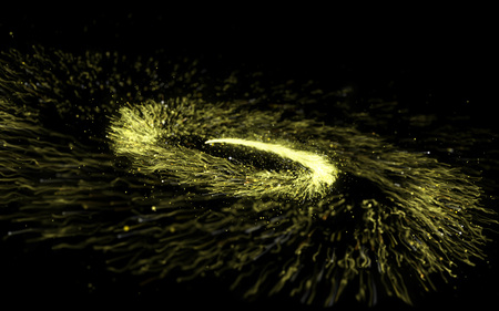 Abstract gold glittering spiral trail of twisted sparkling dust particles on black background. Magic comet tail of golden twirl spinning lights..の写真素材