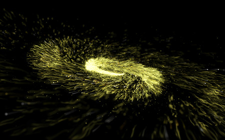 Abstract gold glittering spiral trail of twisted sparkling dust particles on black background. Magic comet tail of golden twirl spinning lights..の写真素材