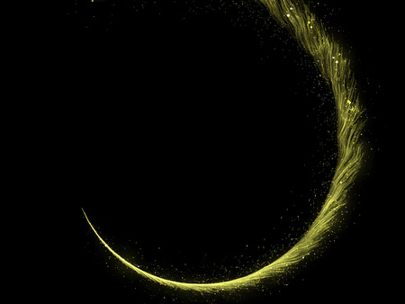 Gold glittering spiral trail of sparkling dust particles on black background. Twisted magic comet tail. Golden twirl spinning flying particles.の写真素材