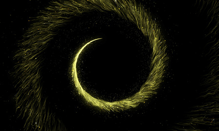 Gold glittering spiral trail of sparkling dust particles on black background. Twisted magic comet tail. Golden twirl spinning flying particles.の写真素材