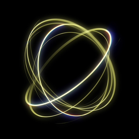 Gold light circle in motion. Glowing golden ring trace. Glitter magic sparkle swirl trail effect on transparent background. Bokeh glitter round wave line with flying sparkling flash lightsの写真素材