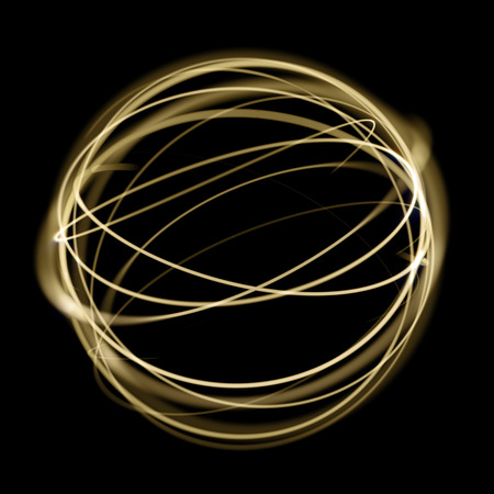 Gold light circle strings speed motion in sphere on black background. Golden neon light glitter sparkle swirl tail trace effect.の写真素材