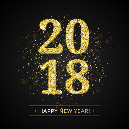 Gold glitter 2018 Happy New Year text on black sparkling background for holiday greeting card, calendar, poster, banner.のイラスト素材