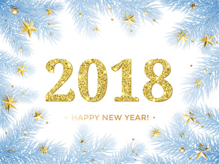 2018 Happy New Year vector background. Gold glitter texture with Christmas tree frame for New Year holiday greeting card, invitation, calendar, poster or banner.のイラスト素材