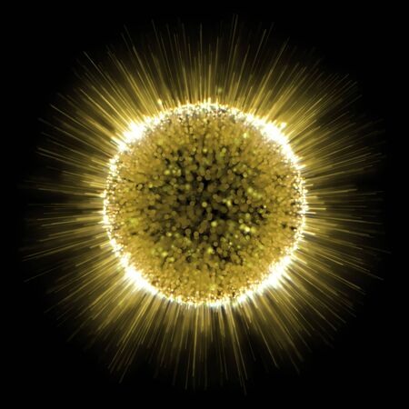 Golden shine of sun explosion background. Abstract gold rays flashing illustration with star dust particle texture.の写真素材
