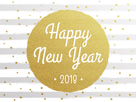 2018 Happy New Year greeting card background texture with gold glitter stripe lines and dots. Vector golden glittering text for holiday greeting premium black card, festive invitation, calendar posterのイラスト素材