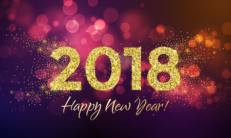 2018 Happy New Year Background texture with gold glitter blur snowflakes. Vector greeting text for holiday premium card, festive invitation, calendar poster or promo banner. 2018 Happy New Year Background texture with gold glitter blur snowflakes. Vector greeting text for holiday premium card, festive invitation, calendar poster or promo banner.