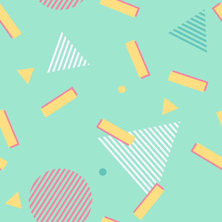 Abstract green pattern. Seamless geometric memphis trend 80s style background. Triangle, circle and rectangle chaotic retro pattern textureのイラスト素材