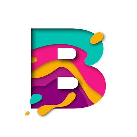 Paper cut letter B. Realistic 3D multi layers papercut effect isolated on white background. Colorful character of alphabet letter font. Decoration origami element for birthday or greeting designのイラスト素材