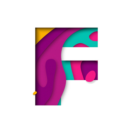 Paper cut letter F. Realistic 3D multi layers papercut effect isolated on white background. Colorful character of alphabet letter font. Decoration origami element for birthday or greeting designのイラスト素材