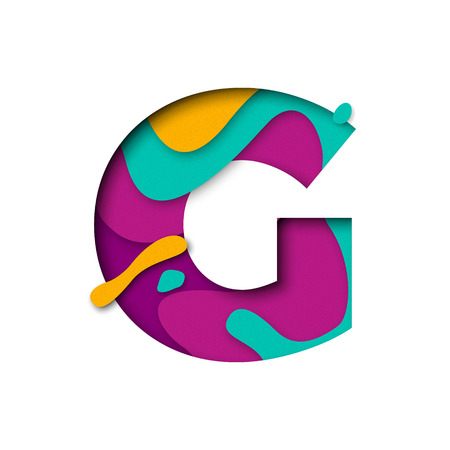 Paper cut letter G. Realistic 3D multi layers papercut effect isolated on white background. Colorful character of alphabet letter font. Decoration origami element for birthday or greeting designのイラスト素材