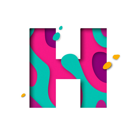 Paper cut letter H. Realistic 3D multi layers papercut effect isolated on white background. Colorful character of alphabet letter font. Decoration origami element for birthday or greeting designのイラスト素材