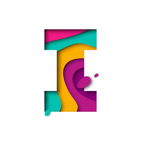 Paper cut letter I. Realistic 3D multi layers papercut effect isolated on white background. Colorful character of alphabet letter font. Decoration origami element for birthday or greeting designのイラスト素材