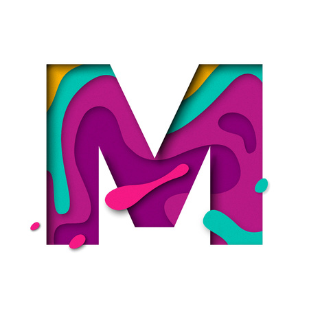 Paper cut letter M. Realistic 3D multi layers papercut effect isolated on white background. Colorful character of alphabet letter font. Decoration origami element for birthday or greeting designのイラスト素材