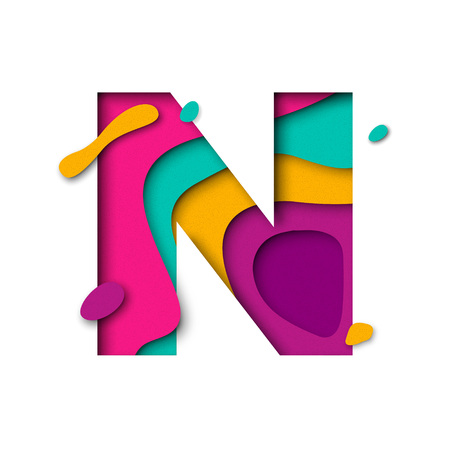 Paper cut letter N. Realistic 3D multi layers papercut effect isolated on white background. Colorful character of alphabet letter font. Decoration origami element for birthday or greeting designのイラスト素材