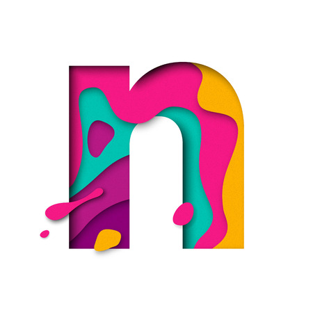 Paper cut letter N. Realistic 3D multi layers papercut effect isolated on white background. Colorful character of alphabet letter font. Decoration origami element for birthday or greeting designのイラスト素材