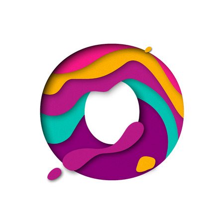 Paper cut letter O. Realistic 3D multi layers papercut effect isolated on white background. Colorful character of alphabet letter font. Decoration origami element for birthday or greeting designのイラスト素材