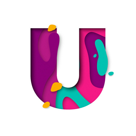 Paper cut letter U. Realistic 3D multi layers papercut effect isolated on white background. Colorful character of alphabet letter font. Decoration origami element for birthday or greeting designのイラスト素材