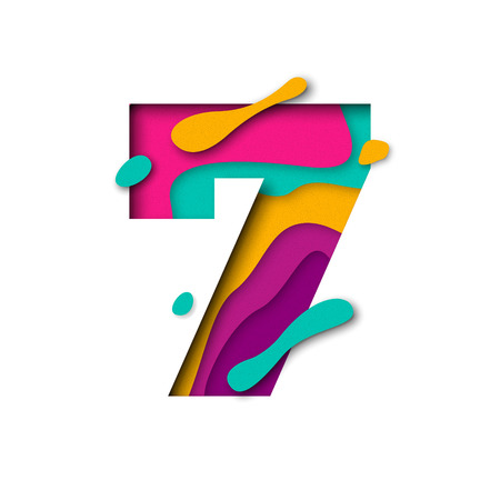 Paper cut number Seven 7 letter. Realistic 3D multi layers papercut effect isolated on white background. Figure of alphabet letter font. Decoration element for birthday or wedding greeting designのイラスト素材