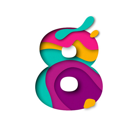 Paper cut number Eight 8 letter. Realistic 3D multi layers papercut effect isolated on white background. Figure of alphabet letter font. Decoration element for birthday or wedding greeting designのイラスト素材