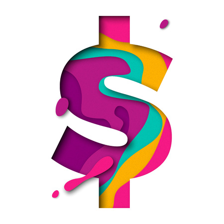 Dollar sign. Currency sign of paper cut origami elements. Alphabet letter with 3d multi layers papercut effectのイラスト素材